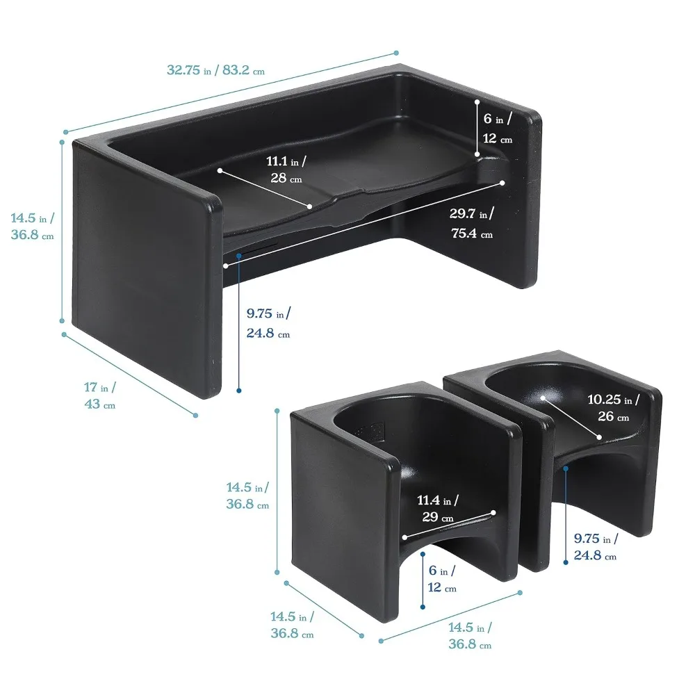 ECR4Kids Triangular Table and Cube Chair Set, Versatile Black Furniture, 3-Piece