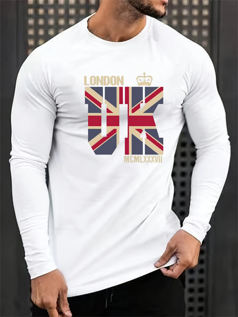 أزياء العلم البريطاني الجرافيك كم طويل تي شيرت للرجال العصرية الشارع الشهير ثلاثية الأبعاد مطبوعة طاقم الرقبة تي شيرت عادية المتضخم تيز #4