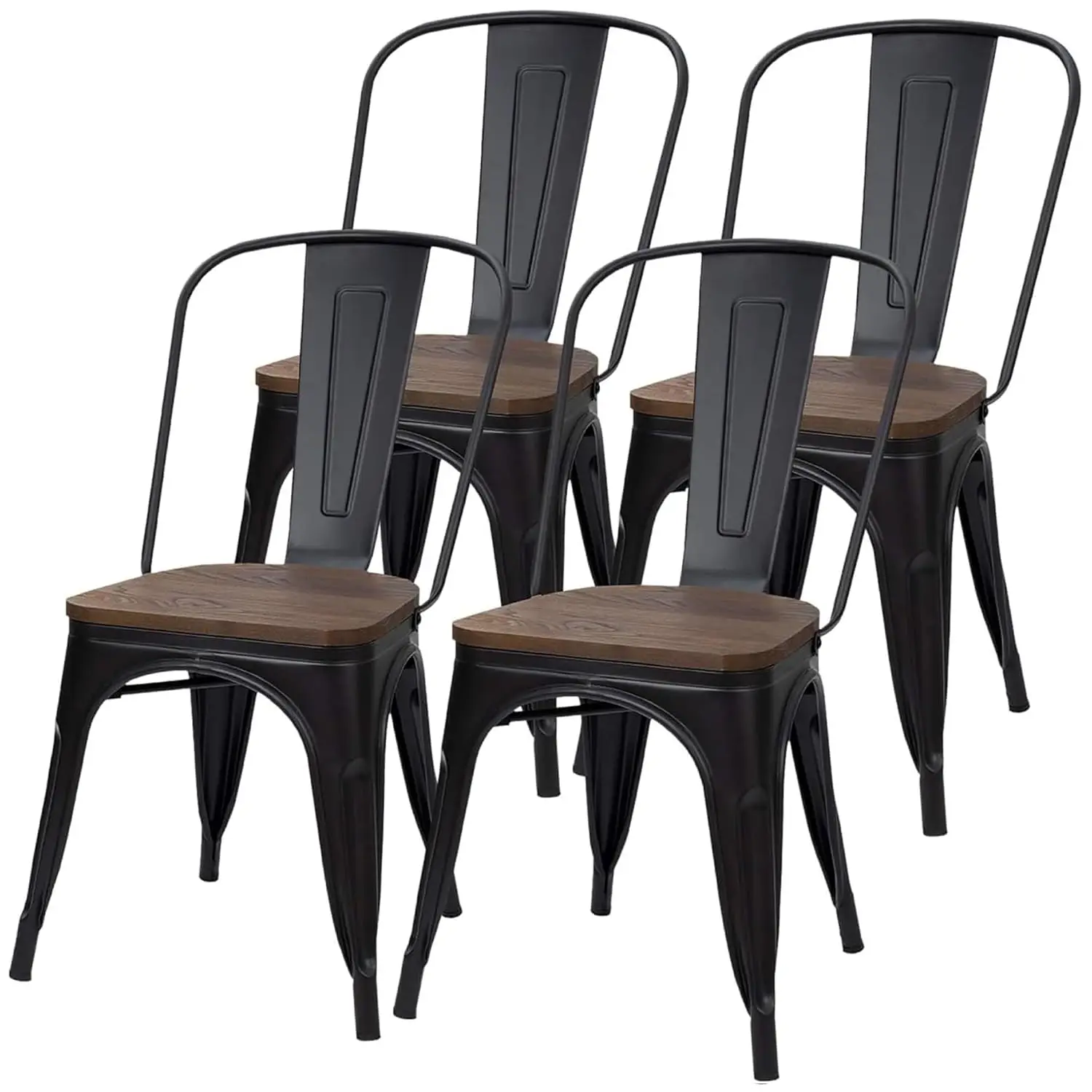 Metal Dining Chair Stackable Industrial Vintage Kitchen Chairs Indoor-Outdoor Bistro Cafe Side Chairs with Back and Wooden Seat