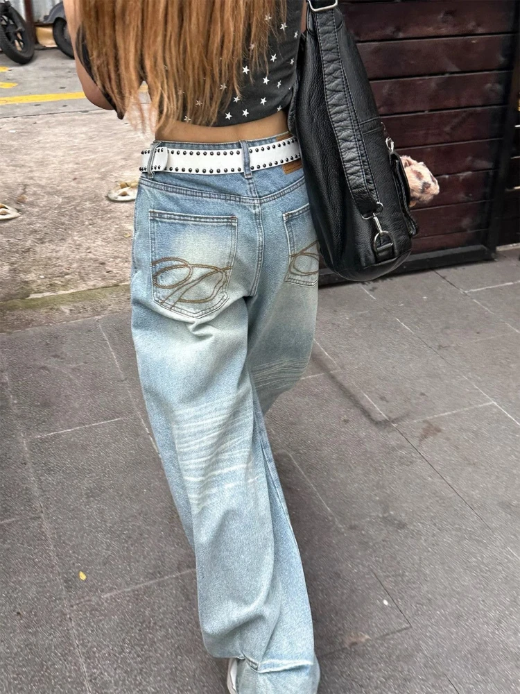 

HOUZHOU Vintage Y2k Embroidery Jeans Women Blue High Waist Straight Baggy Denim Trousers American Retro Street Wide Leg Jeans