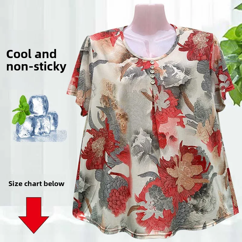تي شيرت فضفاض بأكمام قصيرة من قماش الهيمب مقاس كبير مريح للصيف للنساء في منتصف العمر وكبار السن يغطي البطن