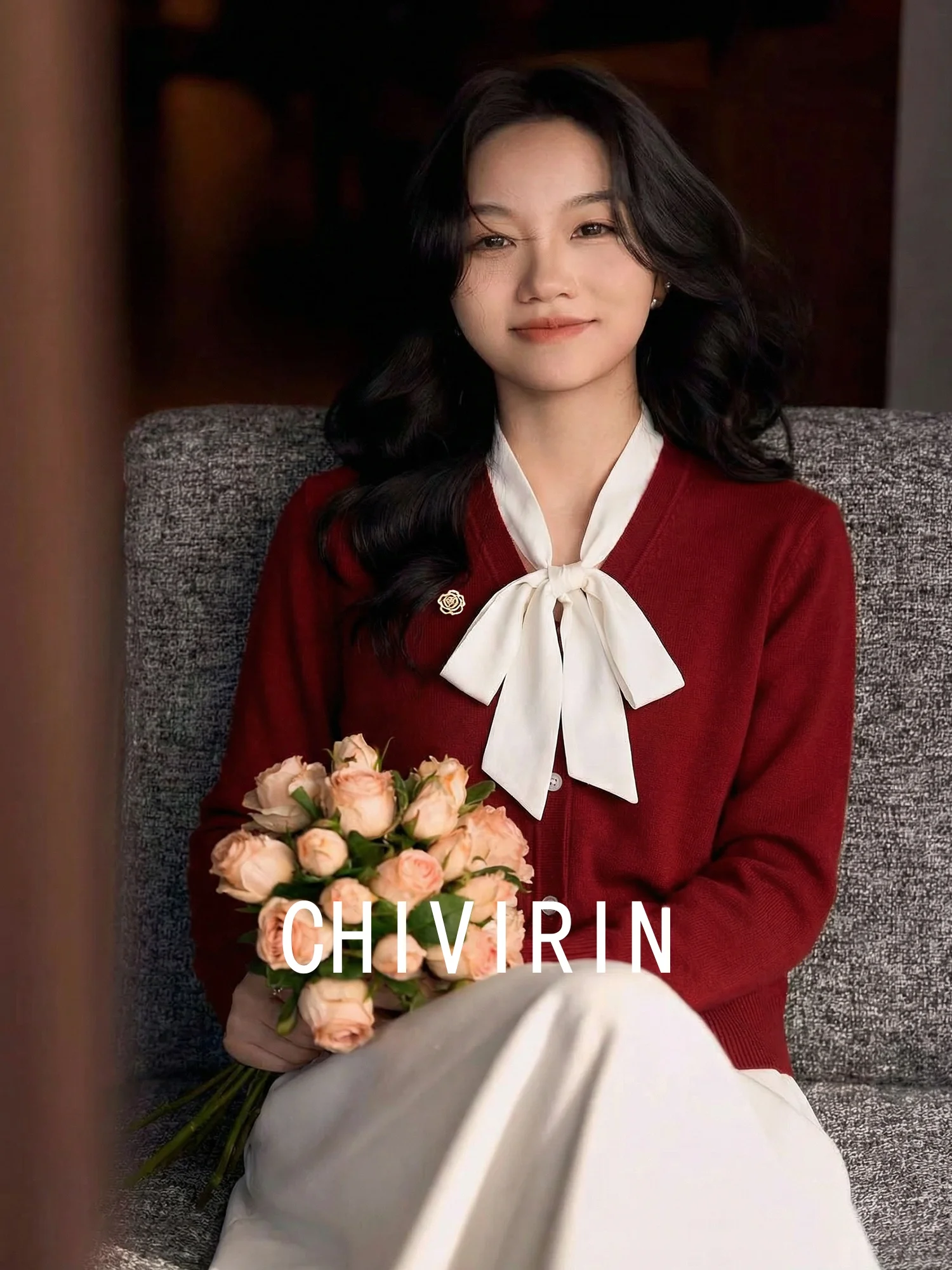 

Ele Silk Knitwear with Knot V-Neline for Women Autumn Spring Slimming Wool Blend Long Sve Casual Cardigan