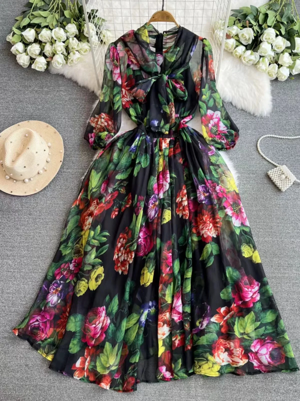 2024 Autumn New Light Luxury Fashion Print Dress For Women Design Sense Tie Waist Slim Fit A-Line Casual Chiffon Long Dress