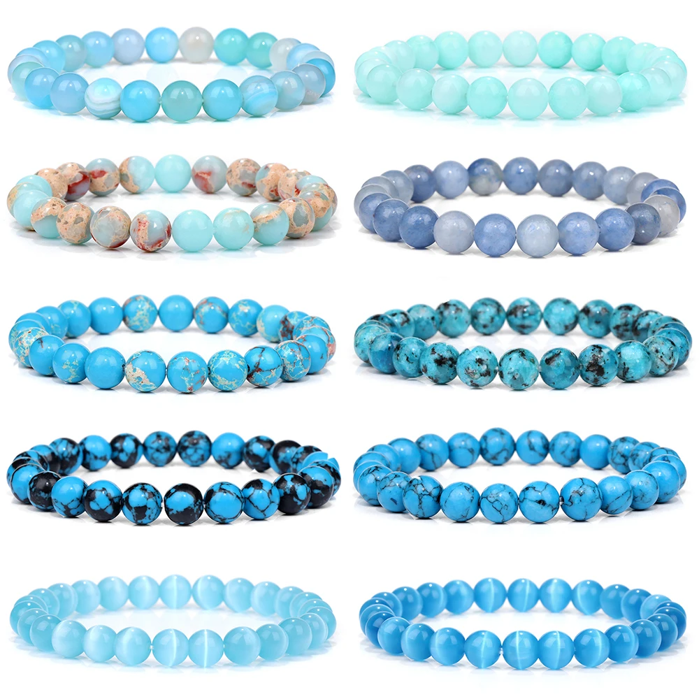 8mm Blue Natural Stone Bracelet Cat Eye Turquois Agates Bead Stretch Bangle Jewelry Gifts For Women Men Energy Yoga Bracelets