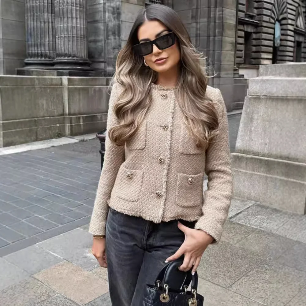 

Women's Long Sleeve Short Jacket Elegant Single Breasted Party O Neck Lady Coats Fashion Muti-pocket Evening Loose Outwear