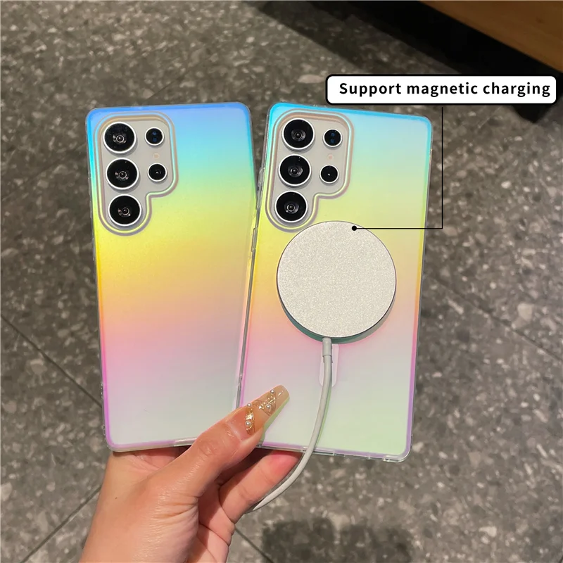 Modne magnetyczne etui z laserowym gradientem tęczy, odpowiednie do matowego etui ochronnego Samsung Galaxy S25 S24FE S23 Ultra Plus