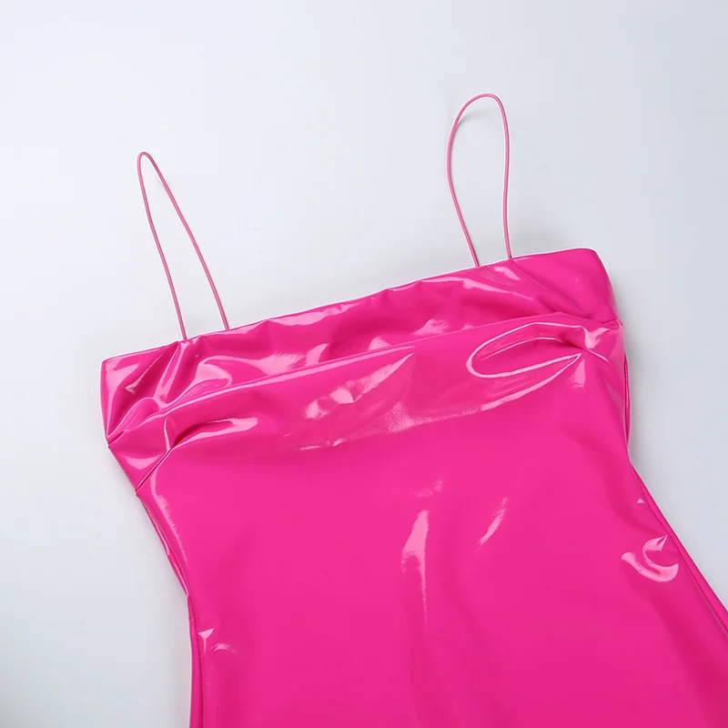 2023 New Arrival Sexy Pink Pu Leather Dress Women Spring Summer Strapless  Spaghetti Strap Fashion Club Wear Bodycon Mini Dresses