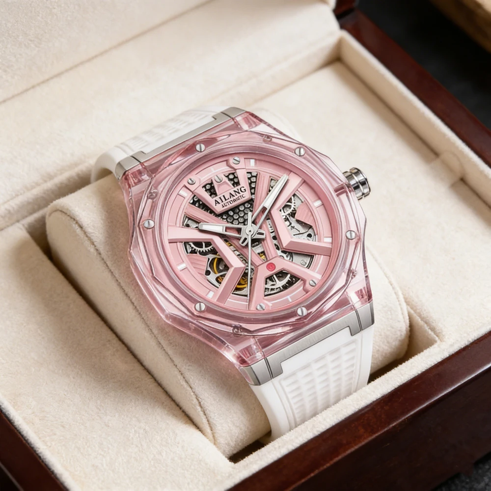 

Мужские механические часы AILANG класса люкс, спортивные, с каучуковым ремешком, водонепроницаемые, с люминесцентными стрелками, модные, автоматические, скелетонизированные