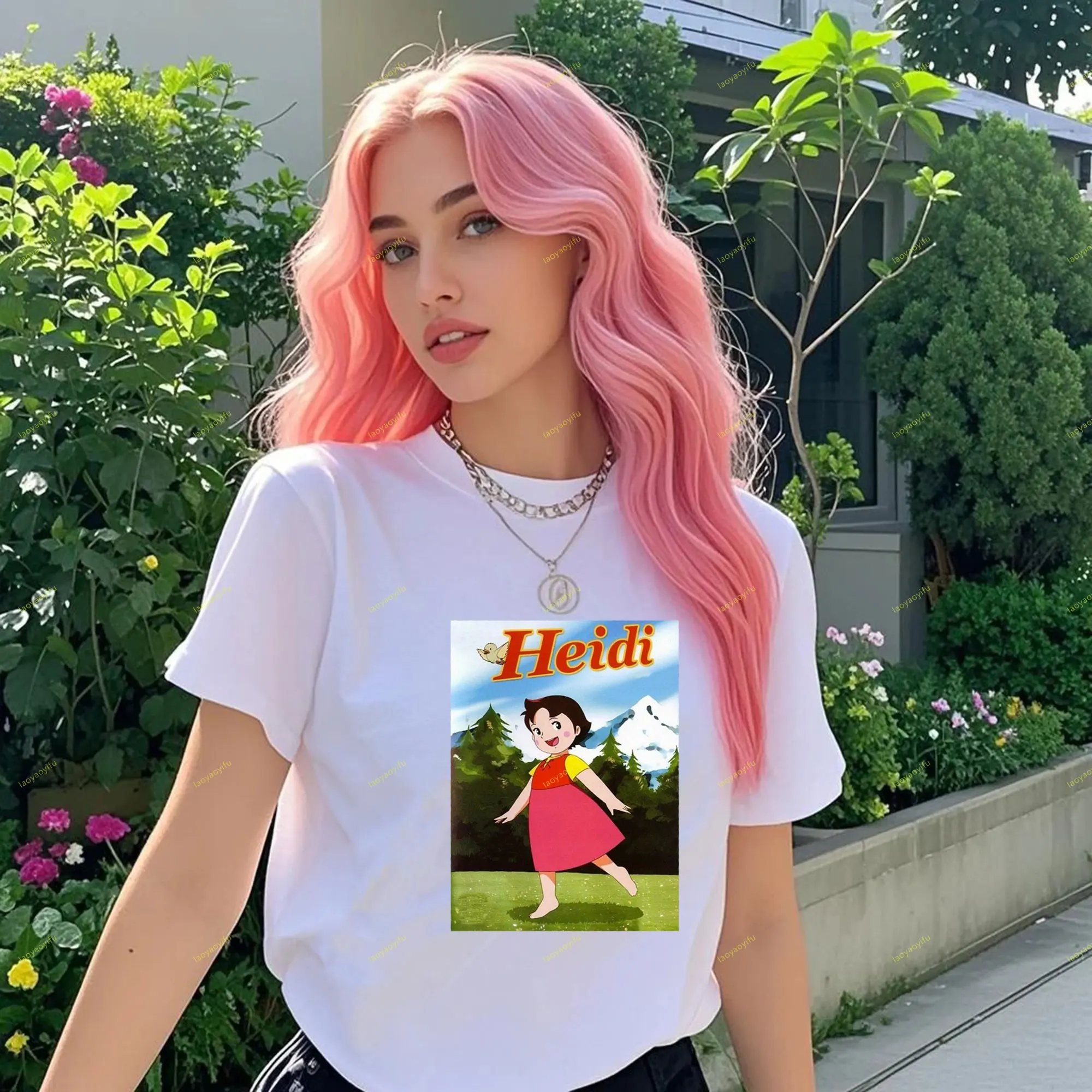 Heidi Dziewczyna z Alp Klasyczny wzór T-shirt z nadrukiem Krótki rękaw O-neck Klasyczny wzór Wysokiej jakości koszulki bawełniane