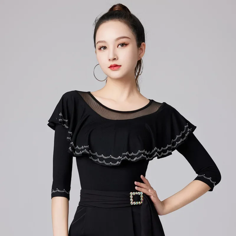 Lace Patchwork Latin Dance Costume Waltz Tops Adult Modern Tango Wear Woman Solid Color Short Sleeve Prom Belly Evening Clothes