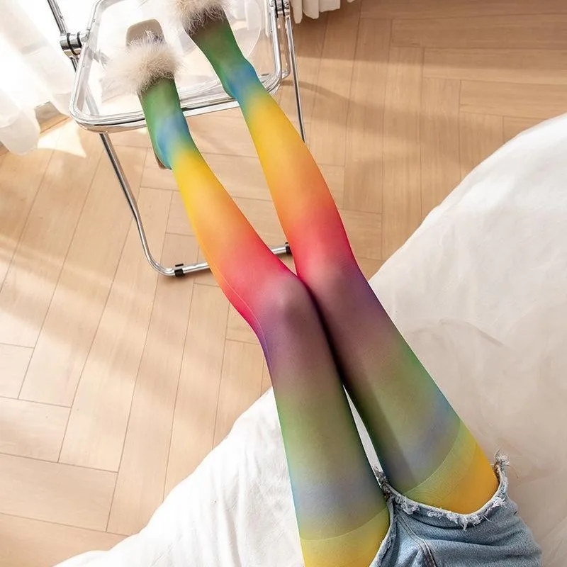 Japanese Korean Style Rainbow Stockings Bestselling Sexy Personality Women\'s Pantyhose Party Stockings Rainbow Gradient Tights