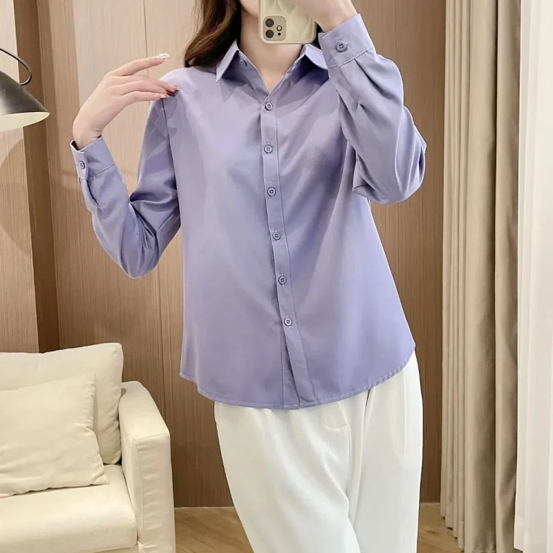 Spring Autumn Women\'s 2024 New Spliced Polo Collar Button Fashion Solid Color Slim Minimalist Casual Long Sleeve Blouses Shirts