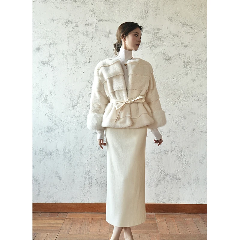 

SerioLudere Lazy Egg White ort Fur Coat Women's Faionable Warm Sli Tie-Belted Eco-Friendly Luxury Lady Sle