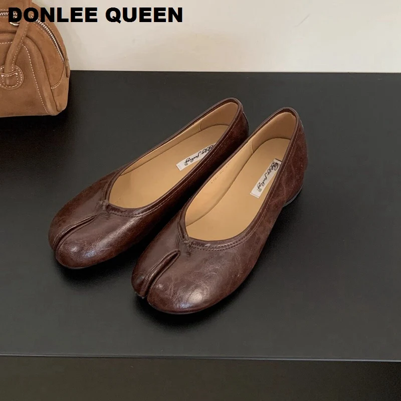 2026 Fashion Split Toe Flats Shoes Women Slip On Casual Loafers Chunky Heel British Oxford Shoes Soft Moccasins Zapatos De Mujer