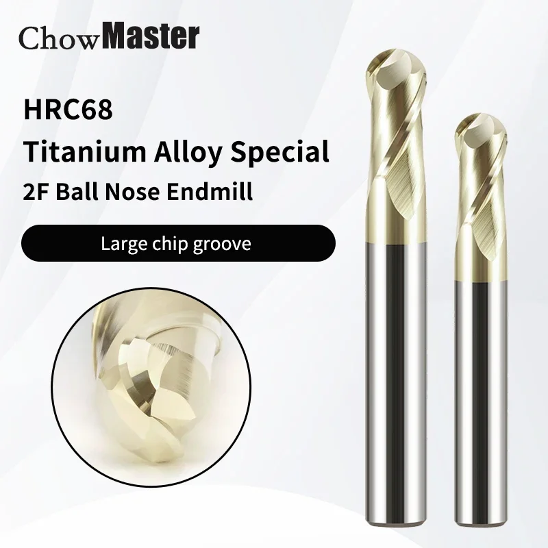 

Chowmaster HRC68 Titanium Alloy Milling Cutter Coated 2 Flutes Ball Nose Carbide End Mill for Stainless Steel R0.5-R6 50-150MM