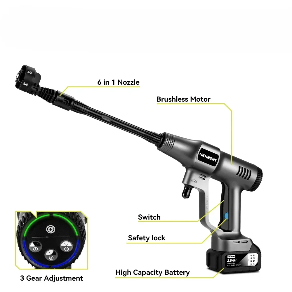 

A For 200Bar 6 IN 1 Brushless Electric High Pressure Washer Cordless Car Cleaning Spray Gun Tools For Makita 18V Battery