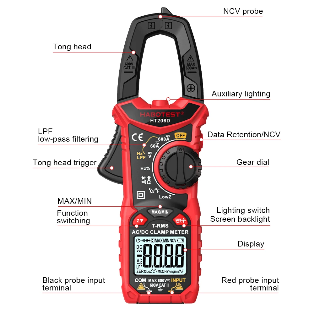 HT206D/HT208D Digital Clamp Meter AC DC Current Two-color Backlight True RMS Capacitance Temperature NCV Voltage Tester