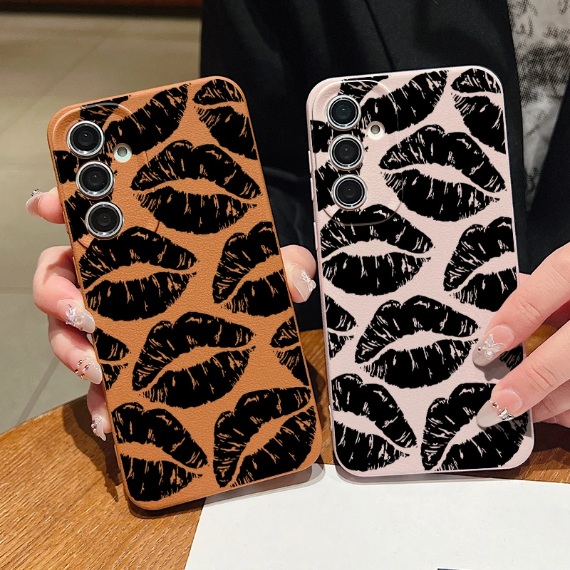 Black Lips Print Phone Case For Samsung Galaxy A55 A54 A53 A52 A16 A15 A14 A35 A34 A25 5G S20 FE S21 S22 S23 S24 Ultra Cover