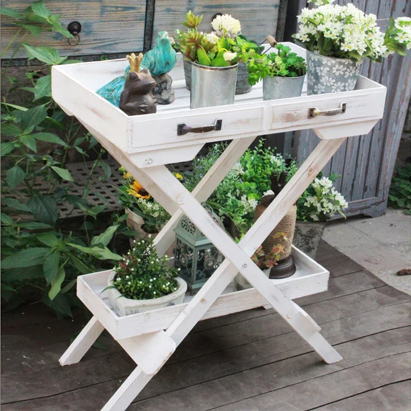 

Retro old solid wood succulent flower stand, pastoral and rural rack tray, storage rack, garden gardening groceries