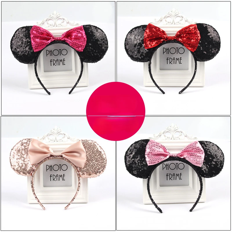 Cartoon Mouse Ears Headband Polka Dot Sequins Bow Hair Hoop LED Light Up Headwear Halloween Birthday Party Cosplay Photo Props