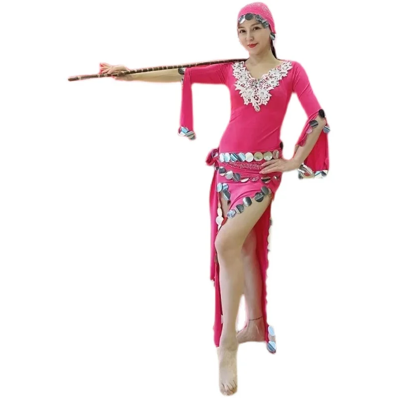 Belly Dance Robe Sequins Dress Long Sleeve Performance Clothes Female Adult Elegant Split Skirt Profession Competition Clothing