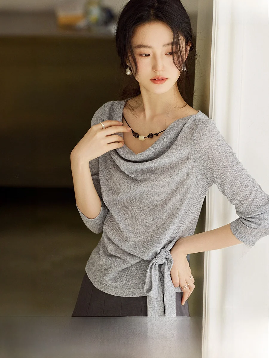 

Elegant Grey T-Shirt Women's Spring 2026 Waist-Cinching Design Polyester-Linen Blend Long Sleeve Commute Style Fashionable Top