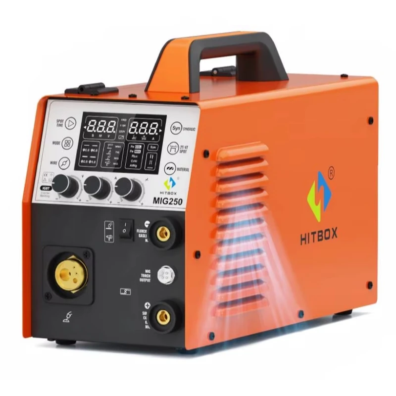 HITBOX 6-in-1 MIG-Schweißgerät MMA Gas/Gaslos Aluminium-Schweißmaschine 220V MIG250 Synergic Single Pulse MIG Lift TIG Spot 2T/4T Funktion