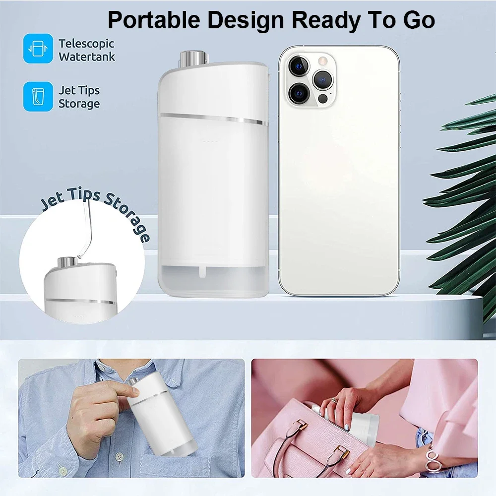 Mini Portable Oral Irrigator Travel Water Flosser On the Go Dental Flusher Water Pick 4 Nozzles Rechargeable Teeth Gum Cleaner