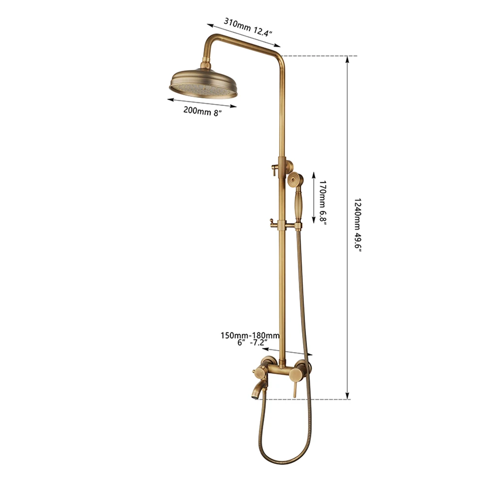 Imagem -02 - Sinlaku Conjunto de Torneira de Chuveiro de Banheiro Antique Brass Wall Mounted Rainfall Cabeça Redonda com Mão e Chuveiro Torneiras Misturadoras de Água Inferior