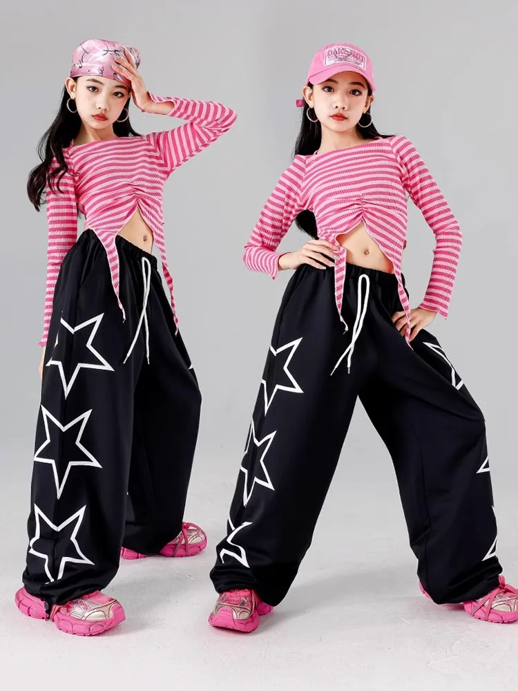 สาวสมัยใหม่ Street สวมเสื้อผ้าเต้นรําแจ๊สสีชมพู Crop Tops กางเกงขายาวสีดํา Hip Hop ฝึกเสื้อผ้าเครื่องแต่งกาย L14507