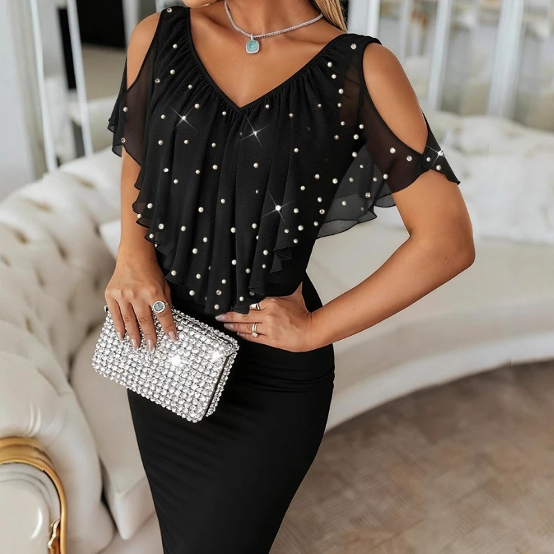 Elegant Evening Party Dresses for Women Sexy Cold Shoulder Rhinestone Pearls Decor Asymmetrical Ruffle Dress New Fashion 2026