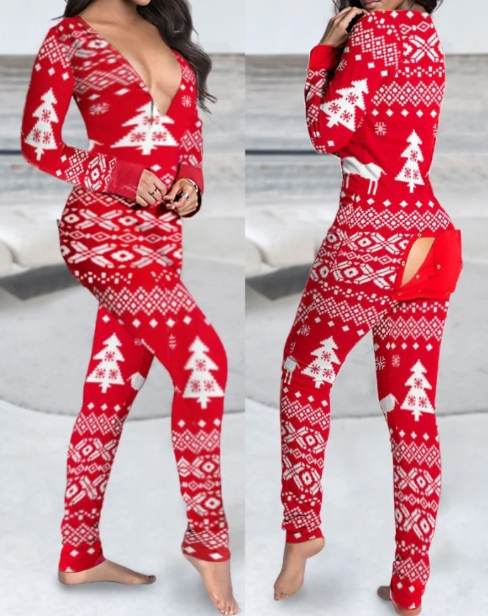 Christmas Print V-Neck Jumpsuit Functional Buttoned Flap Adults Pajamas One Piece Overall