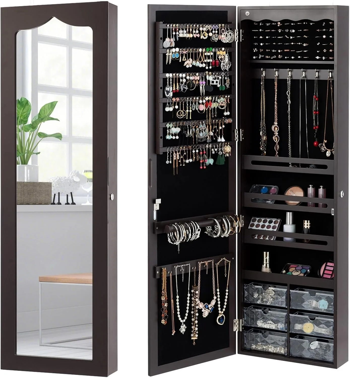 Lockable Wall-Mounted Mirror Jewelry Cabinet, Tall Jewelry Organizer with 5 LEDs, Large Capacity Jewelry Armoire with Full
