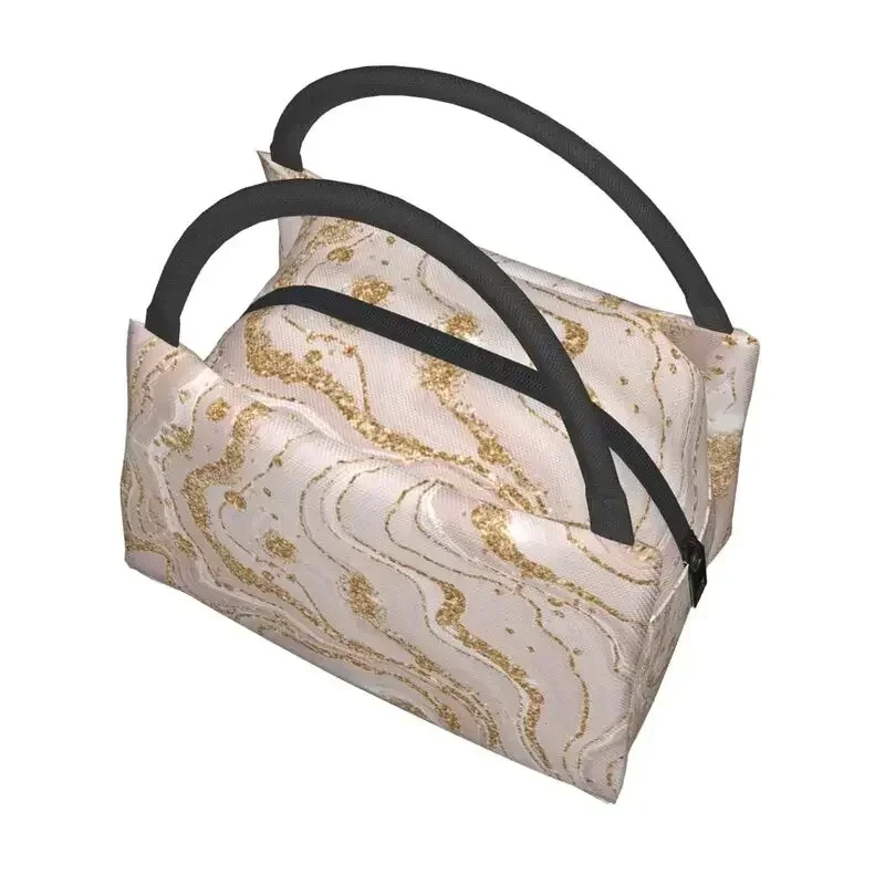 Gold And Cream Marble Pattern Thermal Insulated Lunch Bags Women Geometric Print Portable Lunch Tote Multifunction Meal Food Box