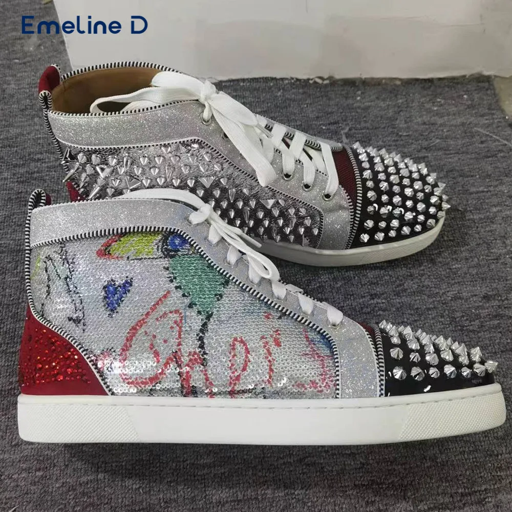 Studded Slip-On Casual Sneakers Round Toe and Colorful Rhinestone Prints White Lace-Up Shoes Fashionable Men's Shoes