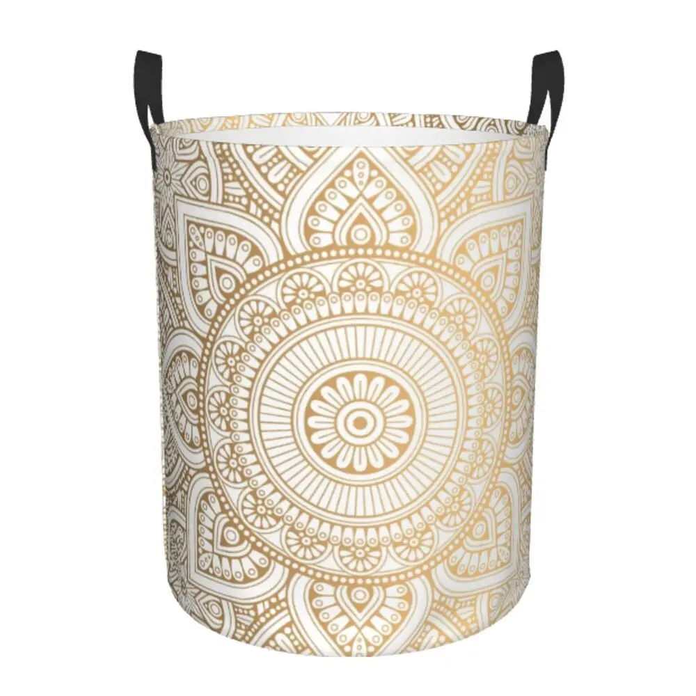Mir à linge doré Mandala personnalisé, grand panier de rangement pour vêtements, poubelle à jouets à motif floral Boho, évaluation pour pépinière