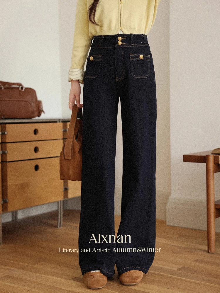 

ALXNAN Women's Retro High Waisted Jeans with Gold Double Buttons Design Slim Fit Straight Leg Trousers for Early Autumn L56822