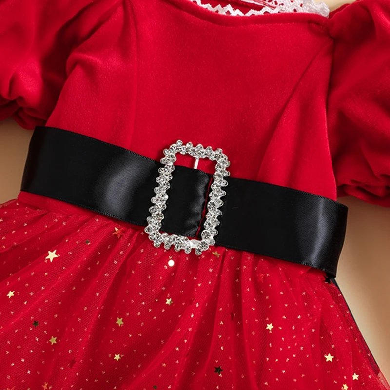 RUIBBWAN Infant Baby Girls Christmas Romper Dress Velvet Ruffle Long Sleeve Patchwork Sequin Star Tutu Jumpsuit with Bow