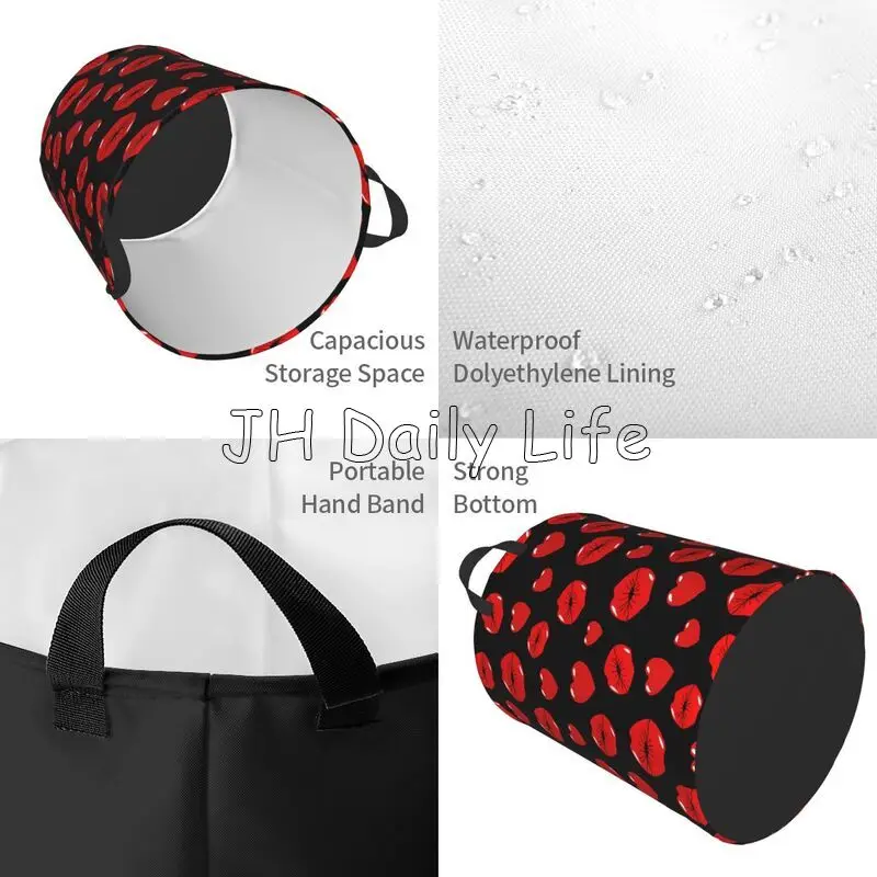 Sexy Red Lips Kiss Print Round Laundry Basket Foldable Oxford Laundry Hamper Waterproof Storage Basket Toys Clothes Organizer