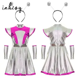 Girls Halloween Space Astronaut Costumes Robot Space Role Play Outfits Metallic Shiny A-line Dress with Alien Hair Hoop Set