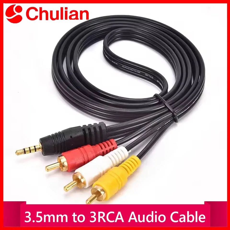 Cable de Audio y Video de 3.5mm a 3 RCA, Chapado en Oro, Cable AV para TV, Cine en Casa, Altavoz, Subwoofer, Amplificador, Cable de Audio y Video para el Hogar