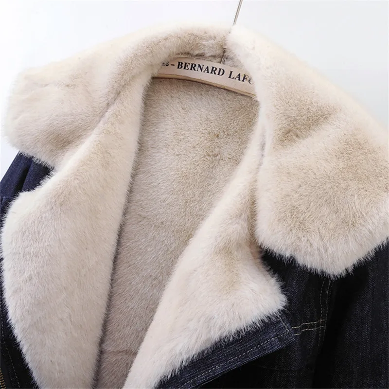 Winter Korean Dark Blue Thick Warm Lambswool Liner Denim Jacket Loose Big Lapel Zipper Long Sleeve Casual Loose Cowboy Outerwear