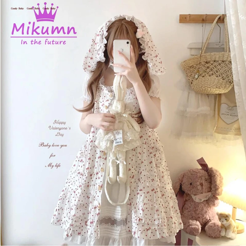 Mikumn Japanese Harajuku Sweet Lolita Mini Dress Women Cute Bow Rabbit Ears Hooded Sleeveless Dress Y2k Girls Kawaii Dresses