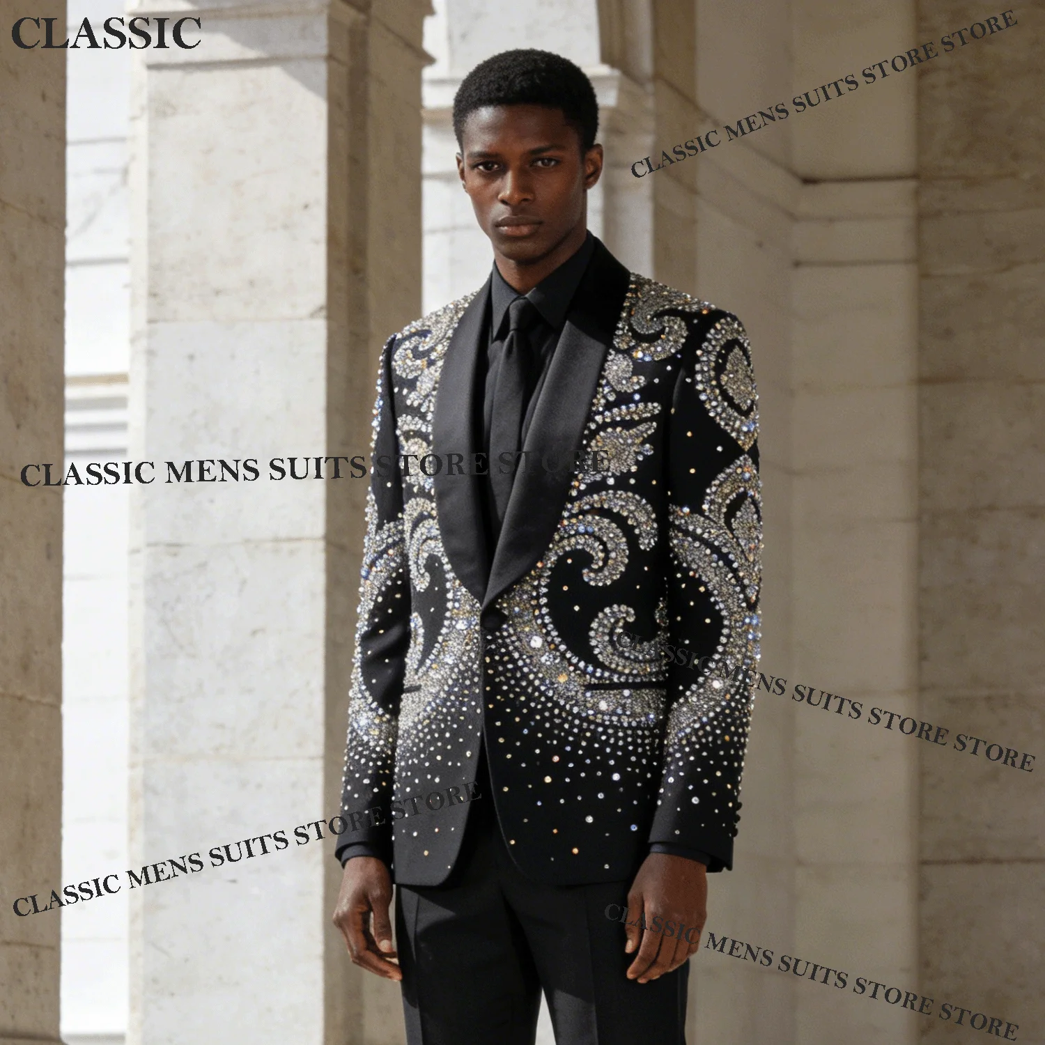 

Luxury Rhinestone Crystals Men Suits Groom Tuxedos Customized Wedding Male Party 2 Pieces Sets Blazer Peaked Lapel Ropa Hombre