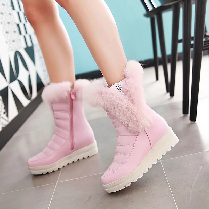 2024 Rabbit Fur Patchwork PU Flat Bottomed Raised Snow Boots Round Toe Slope Heel Zipper Thick Plush Lining Warm Short Boots