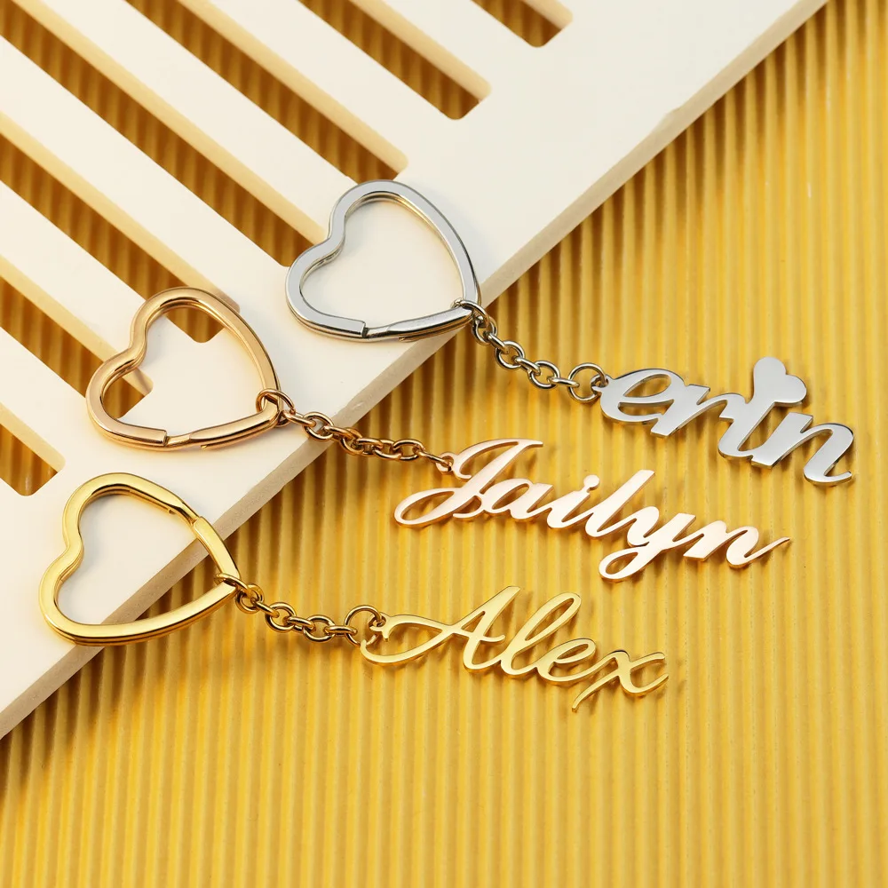 

Personalized Name Charm Keychain Heart Key Ring Stainless Steel Gold Plate Custom Jewelry Birthday Christmas Family Memory Gift