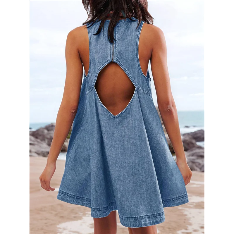 【Decorazione per feste】 Mini abito babydoll in denim senza maniche da donna Abito estivo casual con ritaglio sul retro Abito jeans fluido a trapezio con tasche
