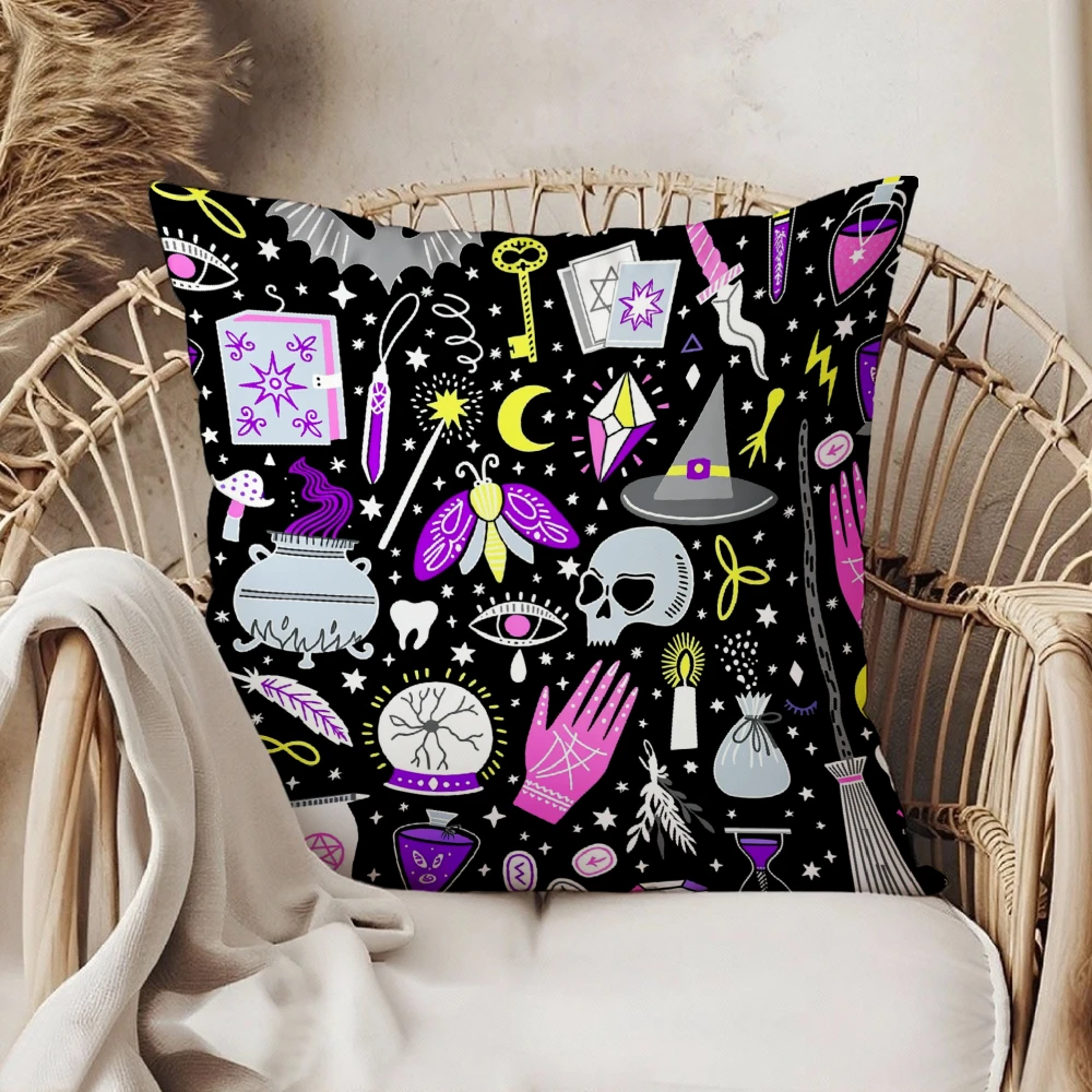 Square Throw Pillow Case Black Witchcraft Magic Symbols Print For Living Room Bedroom Sofa Chair Home Decor Cushion Cover