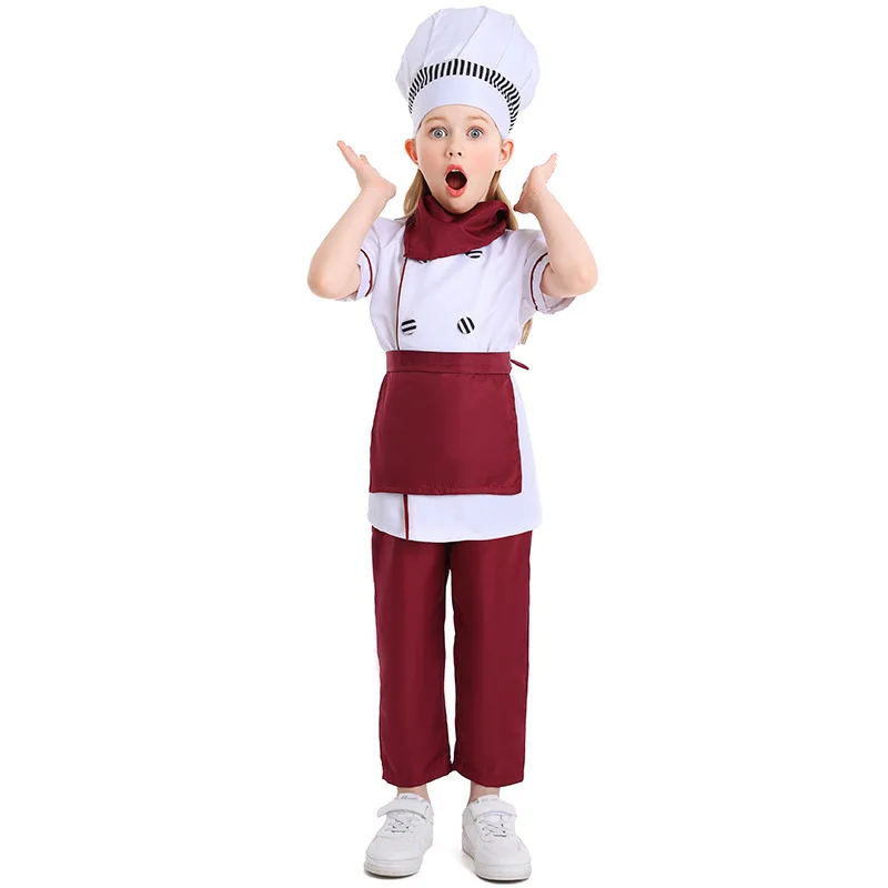 Kids Cook Tshirt Chef Uniform Children Kitchen Hat Cap Work Jackets Restaurant Halloween Performance Stage Party Cosplay Costume