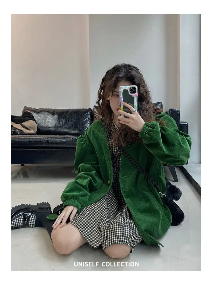 Lnsozkdg 2024 Spring Autumn New Green Retro Corduroy Blazer Jacket for Women Casual Versatile High-Quality Blazer Top Hot Sale